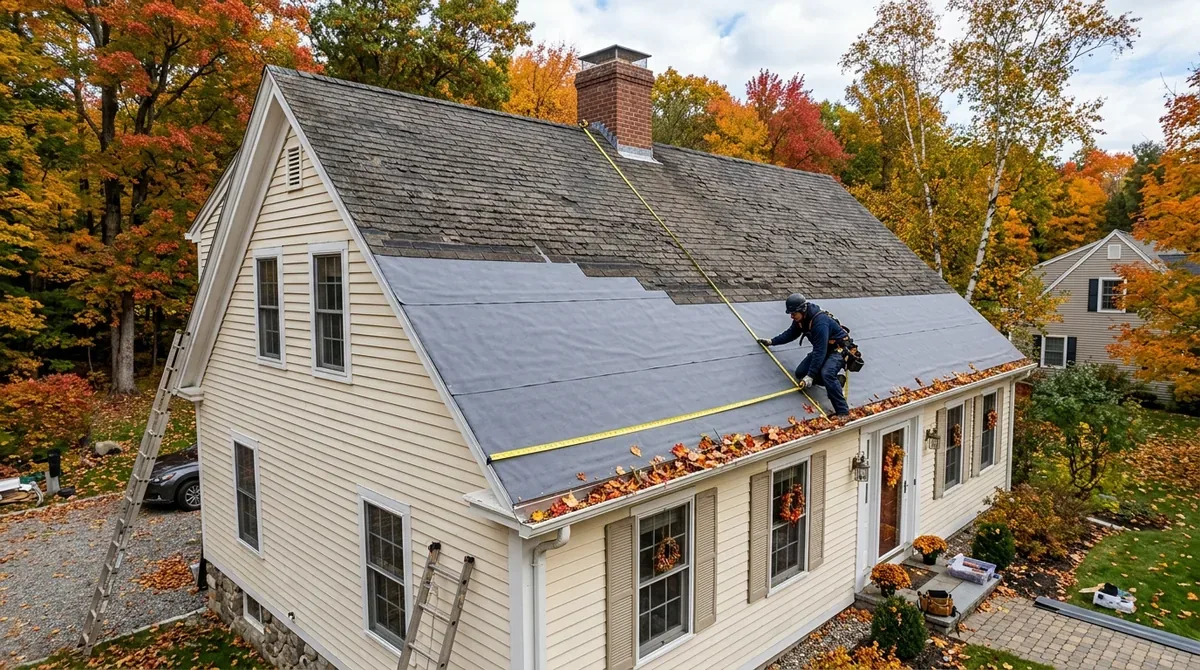 Roof Replacement in Waterbury — a re-roof half done: gray ice-and-water membrane laid up from the eaves, old shingles above, and a tape measure stretched up the slope