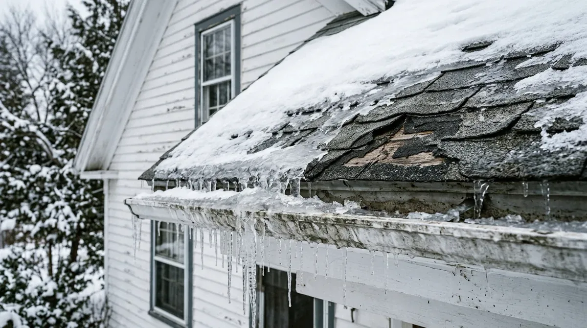 Roof Replacement in Waterbury — worn asphalt shingles at a snowy eave, curled and missing granules, with icicles hanging from the gutter