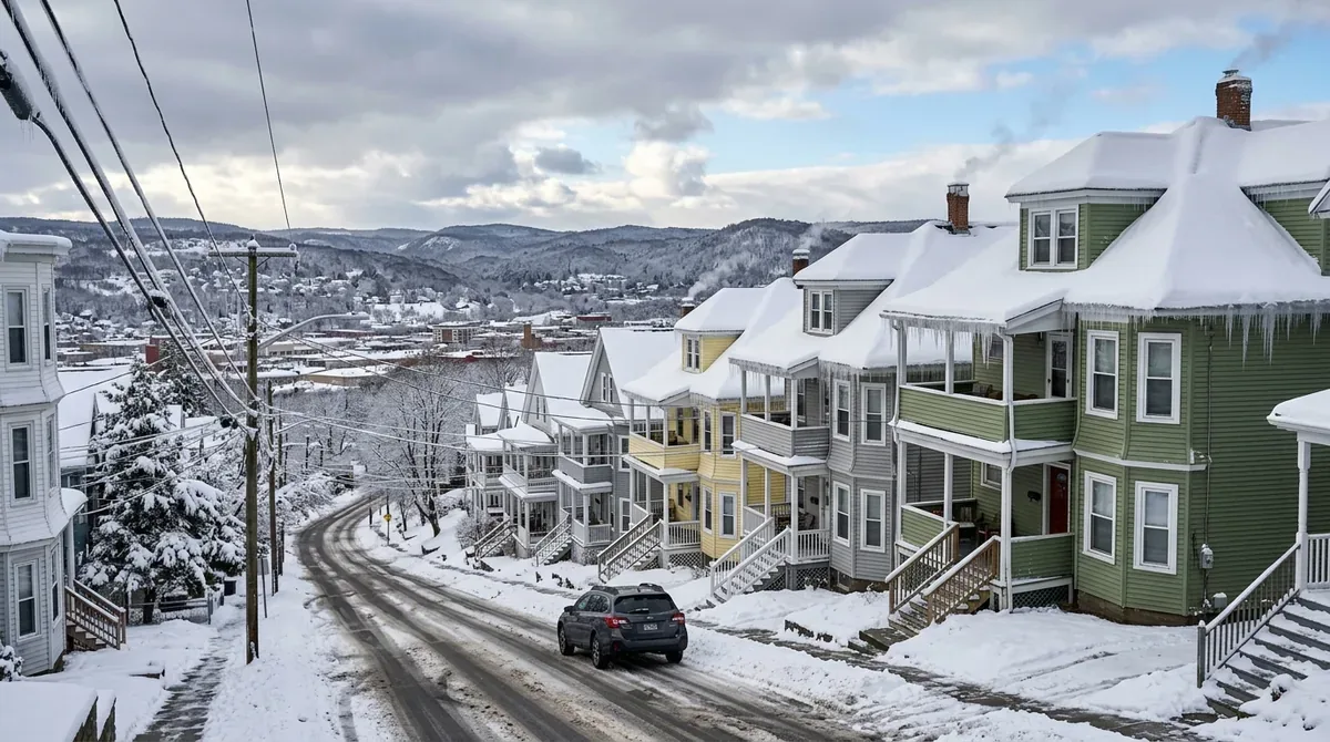 Roof Replacement in Waterbury — snow-covered triple-deckers stepping up a hillside street after a winter storm, icicles along the eaves